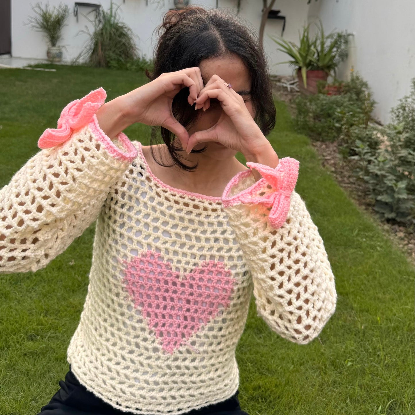 Mesh Heart Sweater with bows