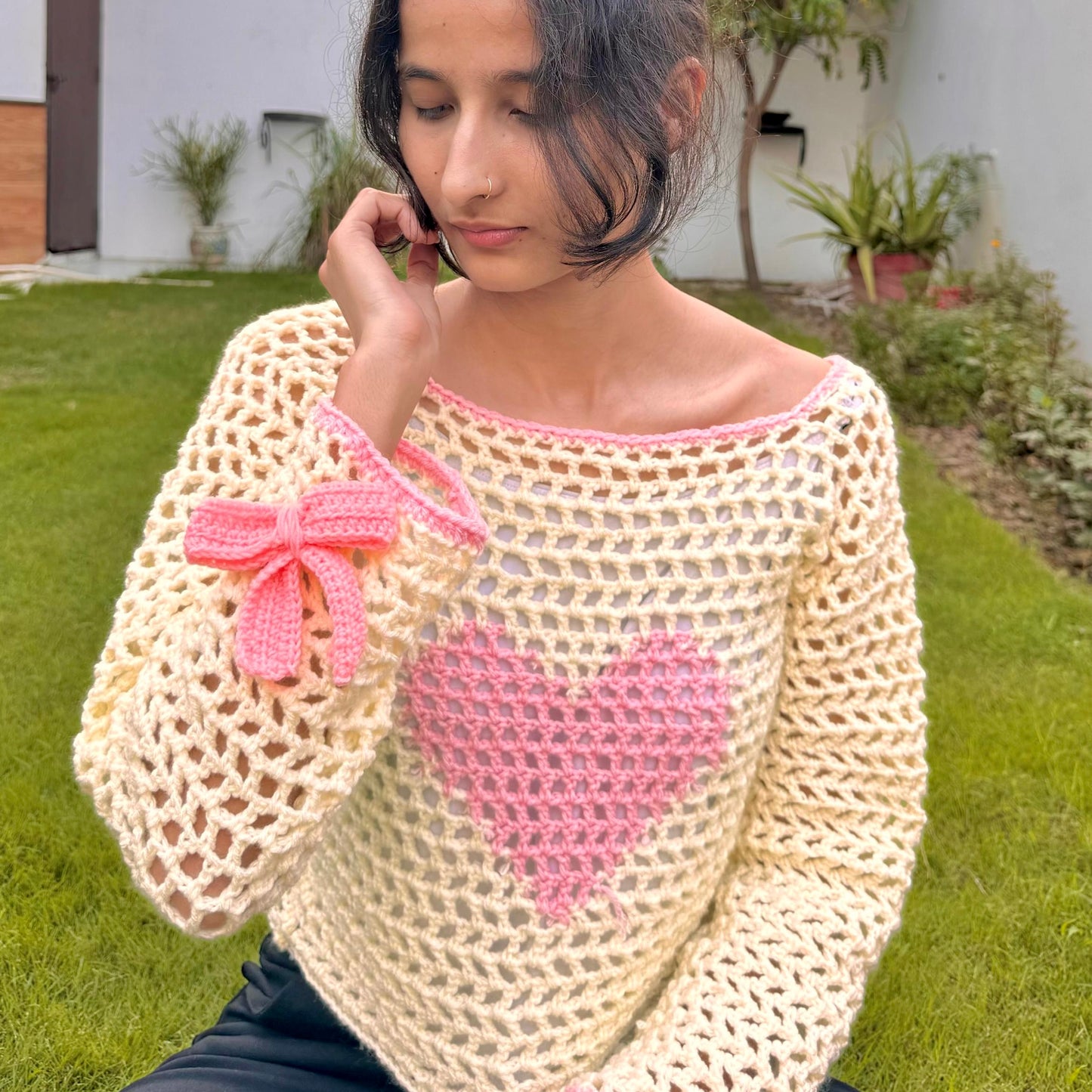 Mesh Heart Sweater with bows