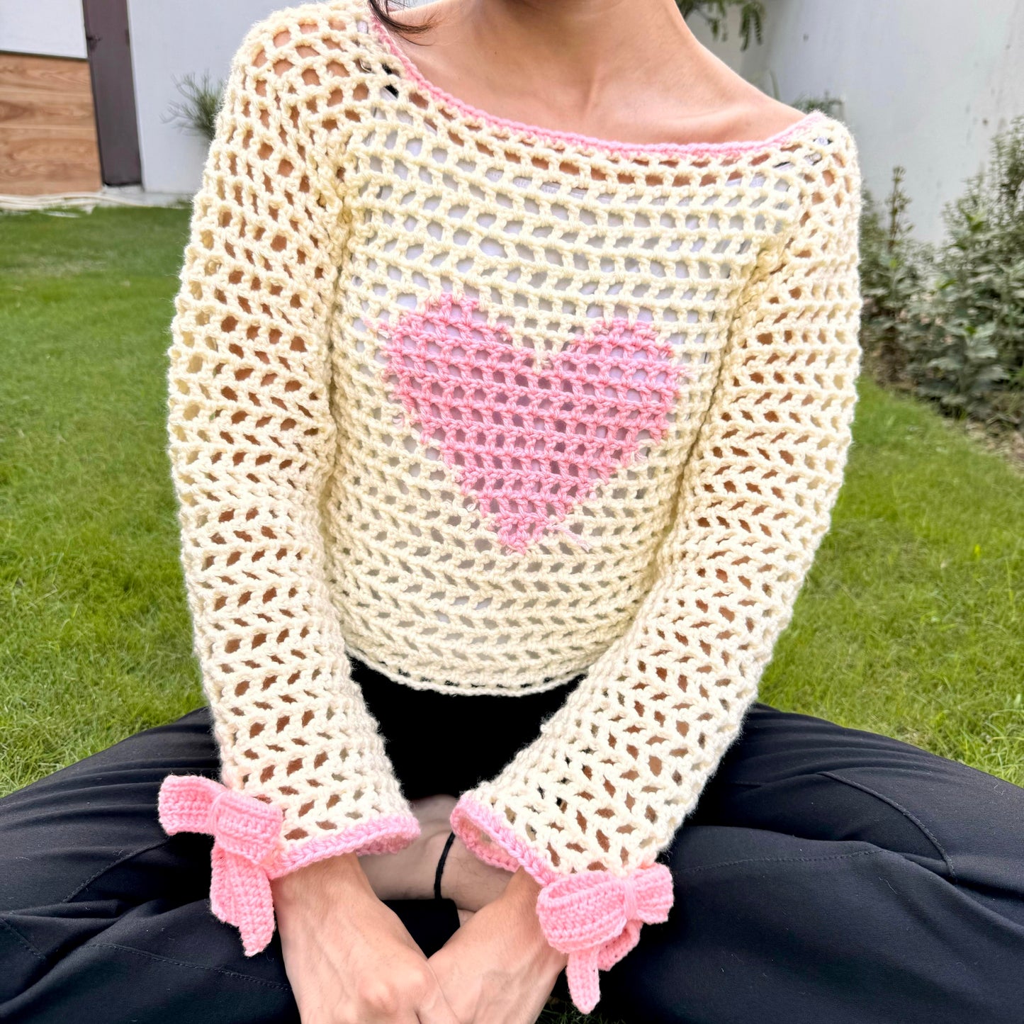 Mesh Heart Sweater with bows