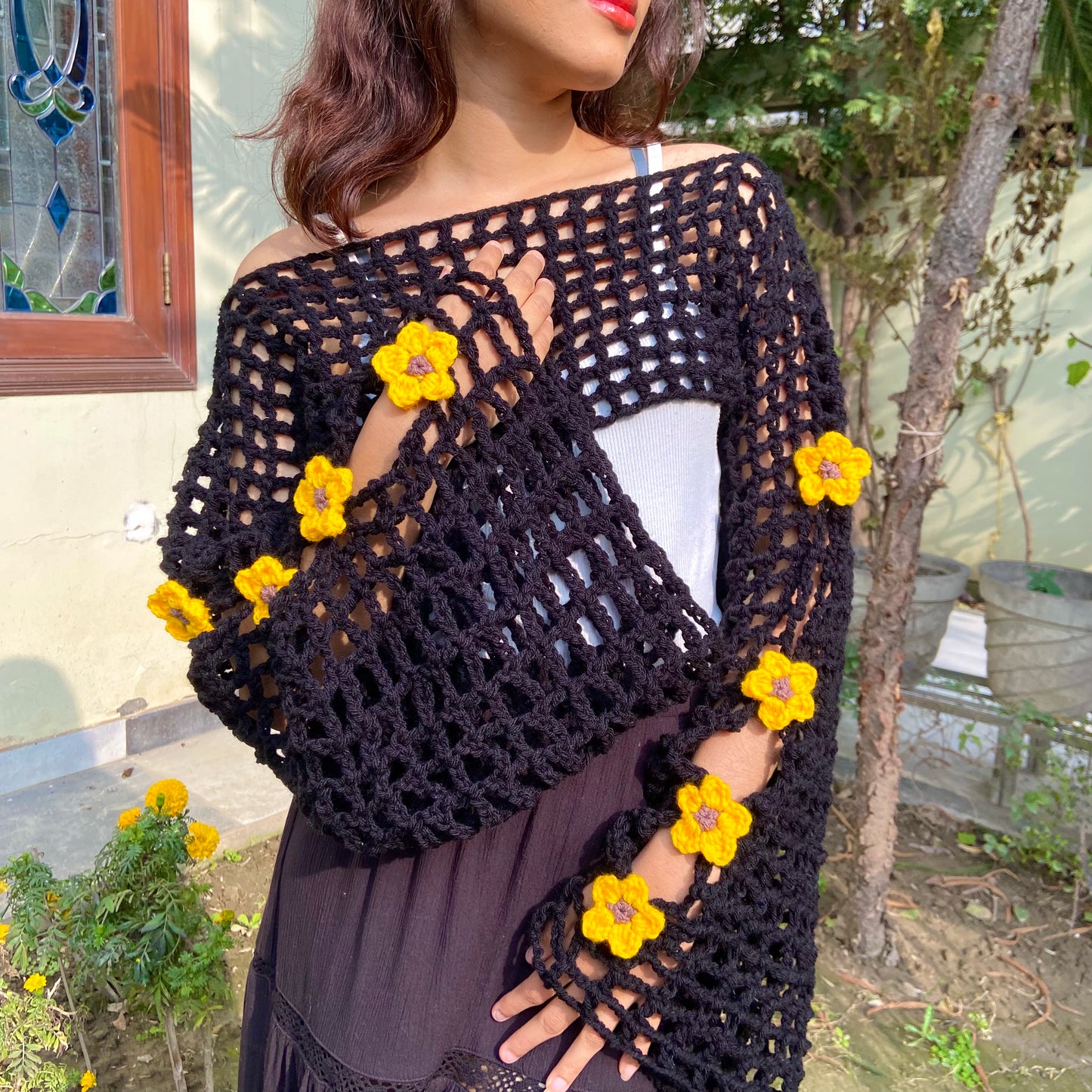 Black Mesh Sleeves with Sunflowers