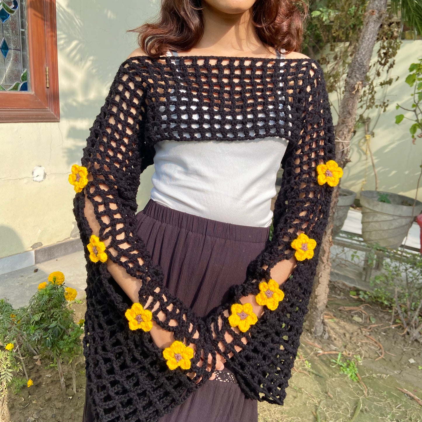 Black Mesh Sleeves with Sunflowers